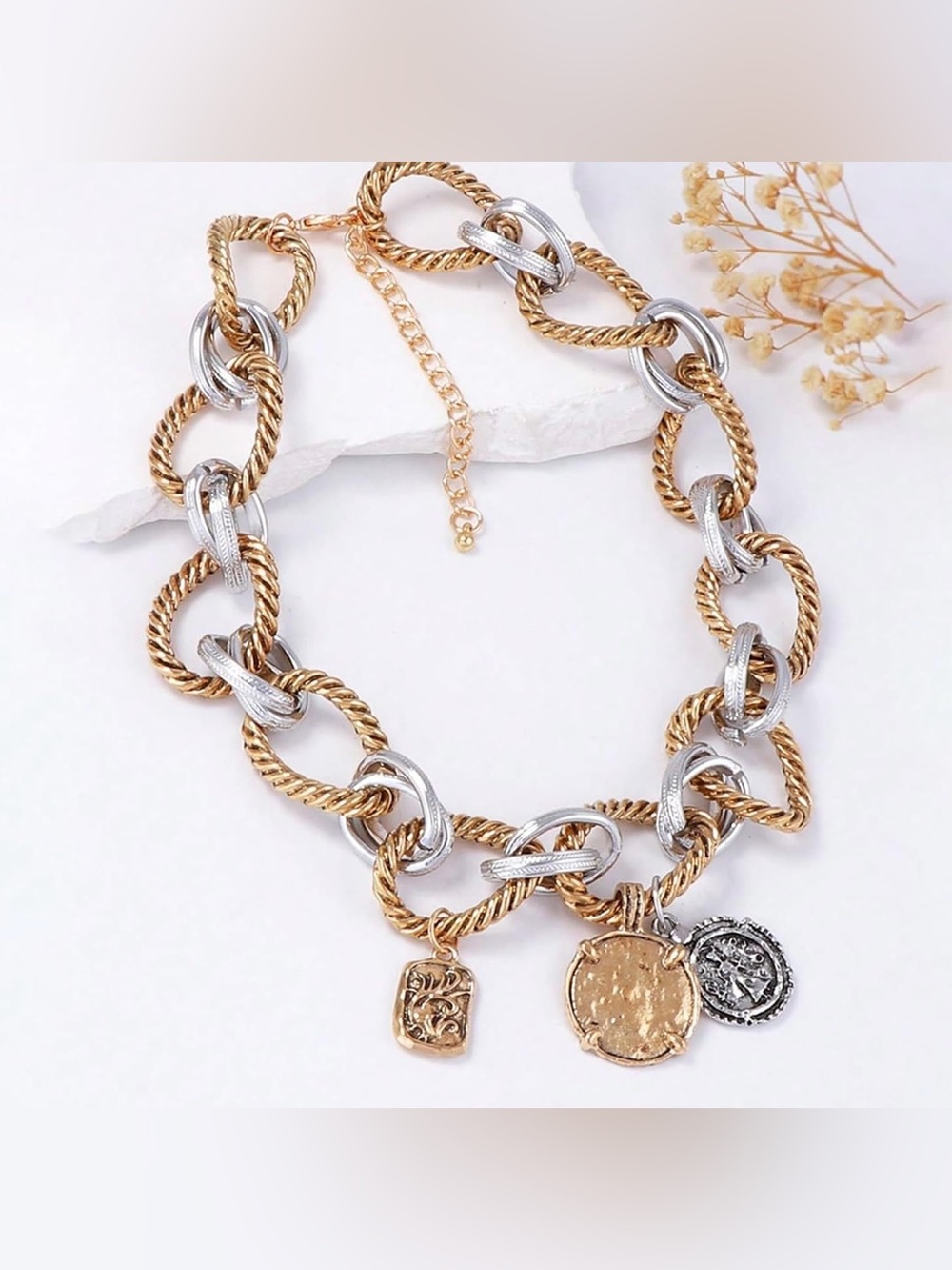 Vintage Mixed Metal Coin Charm Chain Necklace – Gold & Silver Statement Necklace - Picture 6 of 6